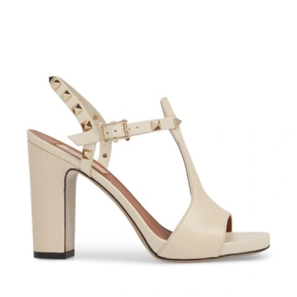 Valentino Garavani‎ Rockstud T Strap Chunky Heel Sandals Heels in Cream Size 10